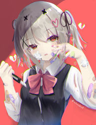 Rule 34 | 1girl, bandaid, bandaid on arm, black ribbon, black vest, blood, blood on clothes, boxcutter, broken heart, collared shirt, commentary request, cuts, grey hair, hair between eyes, hair ornament, hair ribbon, hands up, head tilt, heart, heart hair ornament, highres, holding, injury, natuna natu, original, parted lips, partial commentary, red background, red eyes, revision, ribbon, school uniform, self-harm, shirt, short sleeves, solo, twintails, twitter username, upper body, vest, wavy mouth, white shirt, x hair ornament