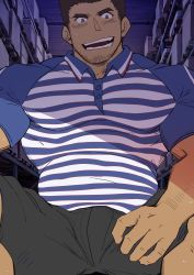 Rule 34 | 1boy, absurdres, bara, beard, black shorts, blue shirt, blush, bulge, facial hair, feet out of frame, highres, large pectorals, looking at viewer, male focus, masayoshi togashi (alu379), mature male, muscular, muscular male, original, paid reward available, pectorals, seductive smile, shirt, short hair, shorts, sideburns, sitting, smile, solo, striped clothes, striped shirt, stubble, thick eyebrows, uniform