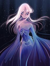 Rule 34 | 1girl, :|, bags under eyes, blue eyes, closed mouth, commentary, english commentary, exposed bone, feefal, ghost, ghost girl, glowing, glowing hair, gradient skin, highres, long hair, messy hair, monster girl, original, see-through, see-through sleeves, star (symbol), starry background, undead, white hair