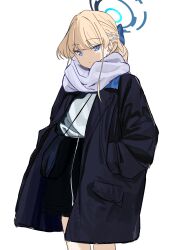 Rule 34 | 1girl, absurdres, bag, black bag, black coat, black skirt, blonde hair, blue archive, blue bow, blue eyes, blue halo, bow, coat, commentary, half updo, halo, hands in pockets, highres, long hair, long sleeves, looking at viewer, open clothes, open coat, scarf, shoulder bag, sidelocks, simple background, skirt, solo, tnr (horiko1525), toki (blue archive), white background, white scarf, white skirt