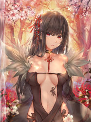 Rule 34 | 1girl, bare shoulders, black choker, black dress, black jacket, breasts, breasts apart, brown hair, center opening, cherry blossoms, choker, collarbone, commentary request, dress, fate/grand order, fate (series), flower, fur collar, hair ornament, highres, jacket, kanzashi, long hair, long sleeves, looking at viewer, luminous, medium breasts, navel, open clothes, open jacket, parted lips, red eyes, red flower, revealing clothes, sidelocks, solo, standing, stomach, tree, upper body, water, yu mei-ren (fate)