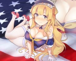 Rule 34 | 1girl, american flag, blonde hair, blue shirt, blush, breasts, cleavage, closed mouth, collar, dongsa wonhyong, fletcher (kancolle), gloves, hair ornament, kantai collection, large breasts, long hair, looking at viewer, lying, off shoulder, pleated skirt, sailor collar, school uniform, serafuku, shirt, skirt, smile, solo, star (symbol), thighhighs, thighs, white gloves, white skirt, white thighhighs, yellow neckwear