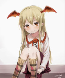 Rule 34 | 10s, 1girl, arm support, artist name, black skirt, blonde hair, blouse, boots, closed mouth, convenient leg, dated, granblue fantasy, head wings, highres, long hair, long sleeves, looking at viewer, pointy ears, red eyes, shadowverse, shingeki no bahamut, shirt, signature, sitting, skirt, smile, solo, vampire, vampy, wan (calvin840203), white background, white shirt, wings
