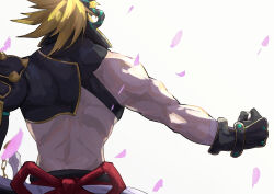 Rule 34 | 1boy, black gloves, blonde hair, chain, clenched hand, facing away, fate/grand order, fate (series), fingerless gloves, gloves, haruakira, igote, male focus, muscular, muscular male, outstretched arm, petals, sakata kintoki (fate), sakata kintoki (heian warrior attire) (fate), short hair, simple background, solo, upper body, white background