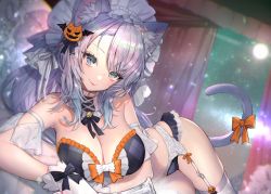 Rule 34 | 1girl, animal ears, bell, black bow, black bra, black panties, black ribbon, bow, bra, breasts, cat ears, cat girl, cat tail, frilled bra, frilled panties, frills, garter belt, glove bow, gloves, grey hair, hair ribbon, halloween, halloween costume, hitowa, large breasts, lens flare, long hair, looking at viewer, lying, maid headdress, neck bell, on side, orange bow, original, panties, plaid, plaid bra, ribbon, smile, solo, tail, tail bow, tail ornament, underwear, white gloves