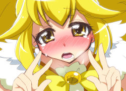 Rule 34 | 10s, 1girl, blonde hair, blush, bow, brooch, cure peace, double v, drooling, earrings, eyelashes, full-face blush, gesture, hair flaps, jewelry, kise yayoi, long hair, looking at viewer, magical girl, mikagami sou, open mouth, precure, ribbon, sketch, smile precure!, solo, upper body, v, yellow bow, yellow eyes, yellow theme