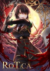 Rule 34 | 1girl, absurdres, belt, black gloves, black necktie, blood, breasts, brown jacket, commentary, copyright request, fangs, fingerless gloves, from below, gloves, highres, holding, holding scythe, jacket, large breasts, looking at viewer, moon, necktie, night, onsem, scythe, shirt, short hair, slit pupils, smile, solo, uniform, white shirt, yellow eyes