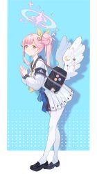 Rule 34 | 1girl, ahoge, angel wings, doodle sensei (blue archive), badge, bag, black footwear, blue archive, blunt bangs, button badge, cameo, collarbone, commentary request, feathered wings, from side, hair bun, hair ornament, hair ribbon, halo, highres, ice (icepuli), leaning forward, long hair, long sleeves, looking at viewer, looking to the side, mika (blue archive), nagisa (blue archive), own hands together, pantyhose, pink hair, pleated skirt, ribbon, school bag, school uniform, seia (blue archive), sensei (blue archive), serafuku, shoes, shoulder bag, side ponytail, sidelocks, simple background, single side bun, skirt, solo, white pantyhose, white wings, wings, yellow eyes