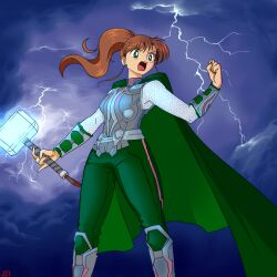 Rule 34 | 1girl, bishoujo senshi sailor moon, boots, breasts, brown hair, cape, cloud, cloudy sky, cosplay, earrings, green cape, green eyes, green pants, hammer, holding, holding hammer, jei-shepard, jewelry, kino makoto, marvel, marvel cinematic universe, medium breasts, pants, sailor jupiter, sky, solo, teeth, the avengers (2012), thor (marvel), thor (marvel) (cosplay), upper teeth only