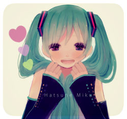 Rule 34 | 1girl, aqua hair, bad id, bad pixiv id, detached sleeves, face, female focus, hatsune miku, heart, long hair, pink eyes, smile, solo, tamayo, twintails, vocaloid