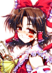 Rule 34 | 1girl, ascot, blood, blood on face, blood on clothes, blush, bow, brown hair, detached sleeves, empty eyes, face, female focus, frills, grin, hair bow, hair tubes, hakurei reimu, highres, japanese clothes, miko, money, red eyes, sarashi, smile, solo, takana shinno, touhou