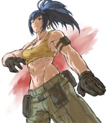 Rule 34 | 1girl, abs, belt, blue eyes, blue hair, dog tags, earrings, gloves, highres, jewelry, leona heidern, midriff, muscular, muscular female, navel, nobubu, pocket, ponytail, sketch, solo, tank top, the king of fighters, the king of fighters xv, triangle earrings, yellow tank top