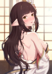 Rule 34 | 1girl, back, backless outfit, bare shoulders, black hair, blurry, blurry background, blush, breasts, brown eyes, commentary request, depth of field, from behind, hair ornament, highres, hinoa, japanese clothes, kimono, long hair, looking at viewer, looking back, medium breasts, monster hunter (series), monster hunter rise, nose blush, pointy ears, revision, sideboob, solo, tongue, tongue out, uneg, very long hair, white kimono, wide sleeves