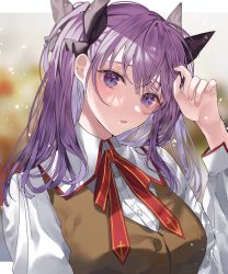 Rule 34 | 1girl, alternate hairstyle, black ribbon, brown vest, fate/stay night, fate (series), hair ribbon, highres, homurahara academy school uniform, long hair, long sleeves, looking at viewer, matou sakura, neck ribbon, parted lips, purple eyes, purple hair, red ribbon, ribbon, school uniform, shimatori (sanyyyy), shirt, solo, two side up, vest, white shirt