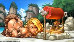 Rule 34 | 1girl, arm warmers, armlet, ass, blonde hair, boned meat, breasts, campfire, cave elf (ronindude), cleavage, cloud, cooking, elf, food, forest, long hair, meat, medium breasts, nature, original, pointy ears, rock, ronindude, sabertooth cat, sky, tail, tiger, tribal, water, yellow eyes