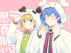 Rule 34 | 2boys, ^ ^, adjusting collar, animal hood, aqua eyes, bear hood, blue hair, blush, bow, bowtie, collared shirt, drawstring, closed eyes, flying sweatdrops, grin, hair between eyes, hand up, hood, hooded jacket, jacket, kagamine len, kaito (vocaloid), long sleeves, looking at viewer, looking up, male focus, multiple boys, necktie, open clothes, open jacket, pink background, polo shirt, project diva (series), shirt, sinaooo, smile, suki kirai (vocaloid), sweat, translation request, upper body, vocaloid, white jacket