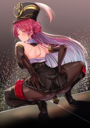Rule 34 | 1girl, absurdres, ass, belt, blush, boots, breasts, dainana sugune, elbow gloves, gloves, hat, hat feather, heterochromia, high heel boots, high heels, highres, hololive, houshou marine, houshou marine (marching band), large breasts, long hair, looking at viewer, looking back, pantyhose, peaked cap, red eyes, red hair, shako cap, skirt, solo, squatting, stiletto boots, stiletto heels, thigh boots, virtual youtuber, yellow eyes