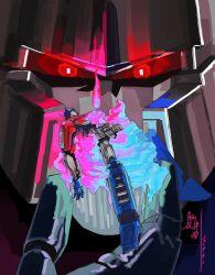 2boys amputee blood deep_wound full_body glowing glowing_eyes highres holding injury mecha megatron miannao73647 multiple_boys no_humans red_eyes robot science_fiction spoilers transformers transformers_one weapon