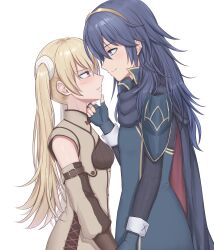 Rule 34 | 2girls, absurdres, armor, blonde hair, blue eyes, blue gloves, blue hair, blush, brown gloves, cape, commentary, detached sleeves, fingerless gloves, fire emblem, fire emblem awakening, gloves, hand on another&#039;s chin, haniwa (8241427), height difference, highres, long hair, looking at another, lucina (fire emblem), multiple girls, nintendo, official alternate hair color, red eyes, severa (fire emblem), shoulder armor, tiara, twintails, white background, yuri