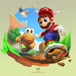 Rule 34 | 1boy, blouse, blue eyes, blue overalls, blue sky, brown hair, camera, cassio yoshiyaki, cloud, commentary, day, english commentary, facial hair, fishing rod, floating island, gloves, green shell (mario), hat, holding, holding fishing rod, koopa troopa, lakitu, low poly, male focus, mario, mario (series), mountainous horizon, mustache, nintendo, open mouth, outdoors, overalls, racing, red hat, red shirt, road, running, shirt, sign, signature, sky, smile, super mario 64, tree, turtle shell, white gloves, winged hat