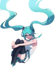 Rule 34 | 1girl, absurdres, aqua eyes, aqua hair, arm tattoo, bare arms, bare shoulders, black footwear, black skirt, boots, breasts, closed mouth, commentary, floating hair, hatsune miku, high heel boots, high heels, highres, hugging own legs, long hair, miniskirt, necktie, shirt, simple background, skirt, sleeveless, sleeveless shirt, small breasts, smile, solo, tattoo, thigh boots, twintails, very long hair, vocaloid, watou, white background, white shirt
