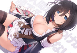 Rule 34 | 1girl, apron, black hair, black thighhighs, blue eyes, blush, breasts, cleavage, closed mouth, collarbone, dress, eishin flash (umamusume), frilled apron, frills, from above, hair ornament, horse girl, large breasts, long sleeves, looking at viewer, medium hair, mk (mod0), sitting, skindentation, smile, solo, thighhighs, thighs, umamusume, white apron, white background