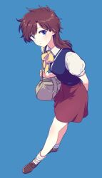 1girl akiyoshi_(tama-pete) arm_behind_back bag blue_background blue_eyes blue_vest bow brown_hair brown_skirt from_above grey_bag holding holding_bag loafers looking_at_viewer looking_up magic_kaito medium_hair nakamori_aoko puffy_short_sleeves puffy_sleeves shirt shoes short_sleeves side_part skirt socks solo vest white_shirt white_socks yellow_bow