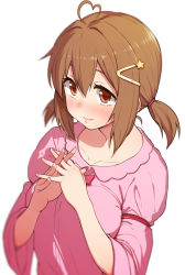 Rule 34 | 1girl, ahoge, bad id, bad pixiv id, blurry, blush, breasts, brown eyes, brown hair, depth of field, hair ornament, hairclip, heart, heart ahoge, highres, kurinton, large breasts, nakahara-kun no kahogo na imouto, nakahara maria, omaru gyuunyuu, own hands clasped, own hands together, short hair, short twintails, simple background, smile, solo, twintails, white background