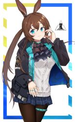Rule 34 | 1girl, absurdres, amiya (arknights), animal ear fluff, animal ears, arknights, black jacket, blue eyes, blue skirt, breasts, brown hair, brown pantyhose, closed mouth, commentary request, deen (hnxp8555), hair between eyes, highres, jacket, jewelry, long hair, long sleeves, looking at viewer, open clothes, open jacket, pantyhose, pleated skirt, ponytail, puffy long sleeves, puffy sleeves, rabbit ears, ring, shirt, skirt, small breasts, smile, solo, very long hair, white background, white shirt