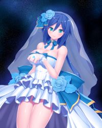 Rule 34 | 1girl, absurdres, aqua eyes, asamura hiori, bare arms, bare shoulders, blue bow, blue choker, blue flower, blue hair, blue neckwear, blue ribbon, blush, bow, breasts, bridal veil, choker, cleavage, closed mouth, collarbone, commentary request, dress, flower, frilled dress, frills, from below, green eyes, groin, hair between eyes, hair flower, hair ornament, hand up, highres, jewelry, large bow, large breasts, legs together, long hair, looking at viewer, looking down, mother (pso2), no panties, ornate ring, phantasy star, phantasy star online 2, ribbon, ribbon choker, ring, shiny skin, smile, solo, standing, star (symbol), starry background, strapless, strapless dress, thighs, veil, wedding dress, wedding ring, white dress, wristband