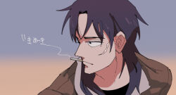Rule 34 | 1boy, black eyes, black hair, brown background, brown jacket, cigarette, closed mouth, commentary request, expressionless, facial scar, gradient background, grey background, inudori, itou kaiji, jacket, kaiji, long hair, looking afar, looking to the side, male focus, medium bangs, pointy nose, scar, scar on cheek, scar on face, smoke, smoking, solo, upper body