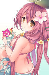 Rule 34 | 1girl, arched back, ass, bare shoulders, bikini, blush, breasts, butt crack, cleavage, collarbone, commentary request, granblue fantasy, hair between eyes, hair ornament, highres, large breasts, leaf, long hair, looking at viewer, low twintails, mizuno sao, monster girl, open mouth, pink bikini, pink hair, plant girl, pointy ears, sarong, sitting, smile, solo, swimsuit, twintails, very long hair, yggdrasil (granblue fantasy)