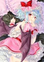 Rule 34 | 1girl, alto2019, backless dress, backless outfit, bat wings, blue hair, dress, frilled dress, frills, hat, hat ribbon, highres, marker (medium), mob cap, pillow, pink dress, pink hat, puffy short sleeves, puffy sleeves, red eyes, red ribbon, remilia scarlet, ribbon, sample watermark, short sleeves, solo, touhou, traditional media, watermark, wings, wrist cuffs