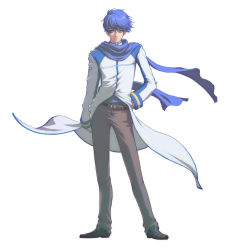 Rule 34 | 1boy, belt, blue eyes, blue hair, blue scarf, full body, hand on own hip, kaito (vocaloid), legs apart, male focus, matching hair/eyes, matsudo aya, pants, raglan sleeves, scarf, simple background, solo, standing, vocaloid, white background