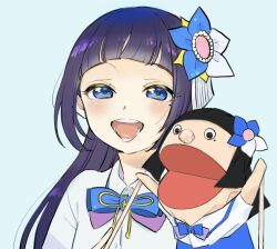 Rule 34 | 1girl, aoi ch., black hair, blue background, blue bow, blue bowtie, blue eyes, blue flower, blunt bangs, blush, bow, bowtie, collared shirt, commentary request, flower, fuji aoi, hair flower, hair ornament, half-closed eyes, hand puppet, highres, long hair, looking at viewer, mole, mole under eye, ohitori (o hitori sama 1), open mouth, puppet, puppeteering, purple bow, purple bowtie, raised eyebrows, shirt, simple background, smile, solo, teeth, upper body, virtual youtuber, white shirt