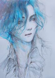 Rule 34 | 1boy, absurdres, blue eyes, blue hair, center frills, collared shirt, commentary, commentary request, english commentary, frills, graphite (medium), hair over one eye, highres, inhouhou, korean commentary, lies of p, limited palette, looking ahead, male focus, marker (medium), mixed-language commentary, painting (medium), parted lips, pinocchio (lies of p), plunging neckline, portrait, realistic, shirt, short hair, simple background, solo, traditional media