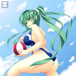 Rule 34 | 1girl, ass, ball, beachball, blue sky, blue one-piece swimsuit, blush, breasts, cloud, competition swimsuit, day, female focus, frog hair ornament, from below, green eyes, green hair, hair ornament, highres, kochiya sanae, large breasts, long hair, looking back, matching hair/eyes, ngirln4, one-piece swimsuit, open mouth, ponytail, sky, snake, solo, swimsuit, touhou