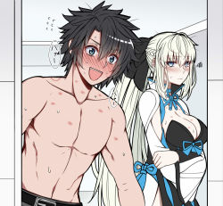 Rule 34 | 1boy, 1girl, abs, aftersex, annoyed, bite mark, biting, black hair, blue eyes, blush, braid, breasts, cleavage, crossed arms, fate/grand order, fate (series), french braid, fujimaru ritsuka (male), full-face blush, hickey, kissing neck, large breasts, morgan le fay (fate), muscular, muscular male, pectorals, platinum blonde hair, ponytail, sanmoto gorouzaemon, solo, topless male, two-tone dress