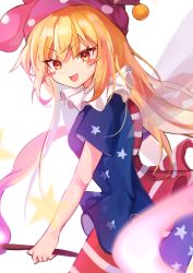 Rule 34 | 1girl, absurdres, american flag legwear, blonde hair, blue shirt, blush, breasts, brown eyes, clownpiece, fairy wings, fire, hair between eyes, hat, highres, jester cap, long hair, looking at viewer, medium breasts, multicolored clothes, multicolored pants, multicolored shirt, open mouth, pants, pink hat, polka dot, purple fire, purple pants, red pants, red shirt, saki (14793221), shirt, short sleeves, sidelocks, simple background, smile, solo, standing, star (symbol), star print, striped clothes, striped pants, striped shirt, torch, touhou, white background, white pants, white shirt, wings, yellow eyes