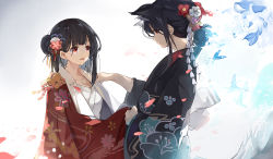 Rule 34 | 2girls, animal, animal ears, animal on shoulder, black hair, black kimono, blush, board game, chinese zodiac, commentary, crying, crying with eyes open, dog ears, english commentary, floral print, flower, hair bun, hair flower, hair ornament, japanese clothes, kimono, long hair, long sleeves, mitu yang, multiple girls, open clothes, open kimono, original, parted lips, petals, pink flower, print kimono, red eyes, red flower, red kimono, side bun, single hair bun, single side bun, tears, white flower, wide sleeves, year of the pig