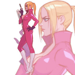 Rule 34 | 1girl, alternate costume, blonde hair, blue eyes, bodysuit, boots, breasts, catsuit, from side, gloves, hand on own hip, high collar, high heel boots, high heels, knee boots, large breasts, latex, latex suit, long hair, namco, nina williams, pink catsuit, ponytail, seeso2d, sideboob, skin tight, solo, tekken, tekken 2, tekken 3, tekken 4, tekken 5, tekken 6, tekken tag tournament, tekken tag tournament 2, unzipped, white footwear, zoom layer