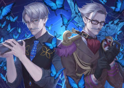 Rule 34 | 2boys, adjusting clothes, adjusting gloves, aiguillette, black gloves, blue background, blue eyes, bug, butterfly, facial hair, fate/grand order, fate (series), glasses, gloves, grey hair, hair strand, highres, holding, insect, james moriarty (archer) (fate), james moriarty (gray collar) (fate), looking at viewer, male focus, mashuu (neko no oyashiro), multiple boys, mustache, necktie, old, old man, smile, upper body, vest