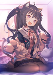 Rule 34 | 1girl, ahoge, animal ear fluff, animal ears, black jacket, black skirt, blurry, blurry background, blush, brown coat, brown hair, brown pantyhose, cat ears, cat girl, cat hair ornament, cat tail, coat, collared shirt, commentary request, depth of field, hair between eyes, hair ornament, head tilt, highres, indoors, jacket, long hair, long sleeves, moe2019, neck ribbon, no shoes, open clothes, open coat, open jacket, original, pantyhose, pink hair, plaid, pleated skirt, red ribbon, ribbon, rk (rktorinegi), school uniform, shirt, sitting, skirt, sleeves past fingers, sleeves past wrists, solo, stuffed animal, stuffed cat, stuffed toy, sweater vest, tail, tail raised, two side up, very long hair, wariza, white shirt