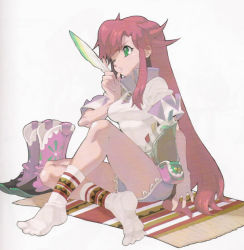 Rule 34 | 1girl, blue shorts, boots, feathers, feet, full body, green eyes, leg lift, long hair, one eye closed, pink footwear, rebecca streisand, red hair, rug, sasaki tomomi, shorts, sitting, socks, solo, taut clothes, very long hair, white background, wild arms, wink