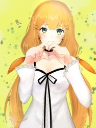 Rule 34 | 1girl, bad id, bad twitter id, black choker, black ribbon, blush, choker, closed mouth, dress, hair ornament, hairclip, heart, heart hands, highres, kingdom hearts, kingdom hearts unchained x, long hair, long sleeves, looking at viewer, low twintails, mizu ramen, orange hair, orange ribbon, ribbon, smile, solo, strelitzia (kingdom hearts), twintails, white dress, x hair ornament