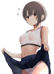 Rule 34 | 1girl, absurdres, blue skirt, blush, breasts, clothes lift, collarbone, covered erect nipples, flying sweatdrops, grey hair, highres, idolmaster, idolmaster cinderella girls, lifting own clothes, looking at viewer, navel, otokura yuuki, panties, pleated skirt, redrawn, rr (temd7345), short hair, simple background, skirt, skirt lift, small breasts, solo, sports bra, stomach, sweat, underwear, wet bra, white background, white panties, white sports bra