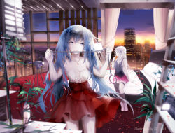 Rule 34 | 2girls, artist name, bed, blue eyes, blue hair, city, hatsune miku, highres, ia (vocaloid), jewelry, long hair, looking at viewer, multiple girls, necklace, petals, plant, potted plant, sa&#039;yuki, sitting, skirt, smirk, thighhighs, twintails, very long hair, vocaloid, white hair, window