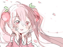 Rule 34 | 1girl, blush, cherry blossoms, cherry hair ornament, commentary, detached sleeves, food-themed hair ornament, hair between eyes, hair ornament, hatsune miku, long hair, long sleeves, open mouth, petals, pink eyes, pink hair, pink shirt, pink sleeves, pink theme, sakura miku, shirt, simple background, smile, solo, twintails, vocaloid, white background, xxxx saki