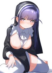 Rule 34 | 1girl, absurdres, ascot, black dress, blunt bangs, blush, breasts, breasts out, bright pupils, closed mouth, collared dress, dress, frilled dress, frills, goe (g-o-e), groin, habit, hand on own leg, hand on own thigh, highres, large breasts, long hair, long sleeves, looking at viewer, nipples, nose blush, nun, pelvic curtain, purple eyes, purple hair, shadow, shoujo kageki revue starlight, sidelocks, simple background, sitting, solo, tearing up, thighhighs, tsuyuzaki mahiru, two side up, veil, wariza, white ascot, white background, white pupils, white thighhighs