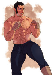 Rule 34 | 1boy, abs, bandages, bara, black eyes, black hair, blue pants, facial hair, foazycozy, golden kamuy, highres, large pectorals, long sideburns, male focus, manly, muscular, navel hair, nipples, pants, pectorals, short hair, sideburns, solo, stubble, tanigaki genjirou, thick eyebrows, thick thighs, thighs, topless male